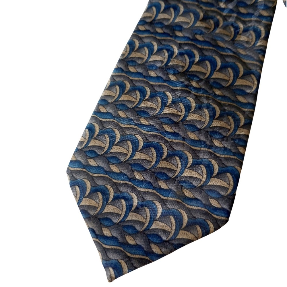 Puritan Mens Blue Grey Tan Geometric Wave Pattern Polyester Classic Necktie